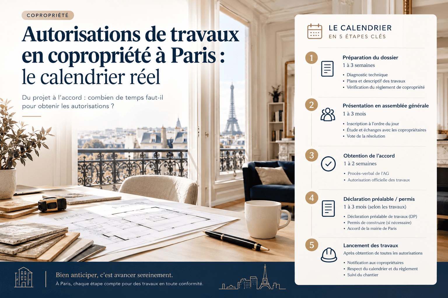 Calendrier des autorisations de travaux en copropriété à Paris en 5 étapes : préparation du dossier, présentation en assemblée générale, obtention de l’accord, déclaration préalable ou permis, lancement des travaux