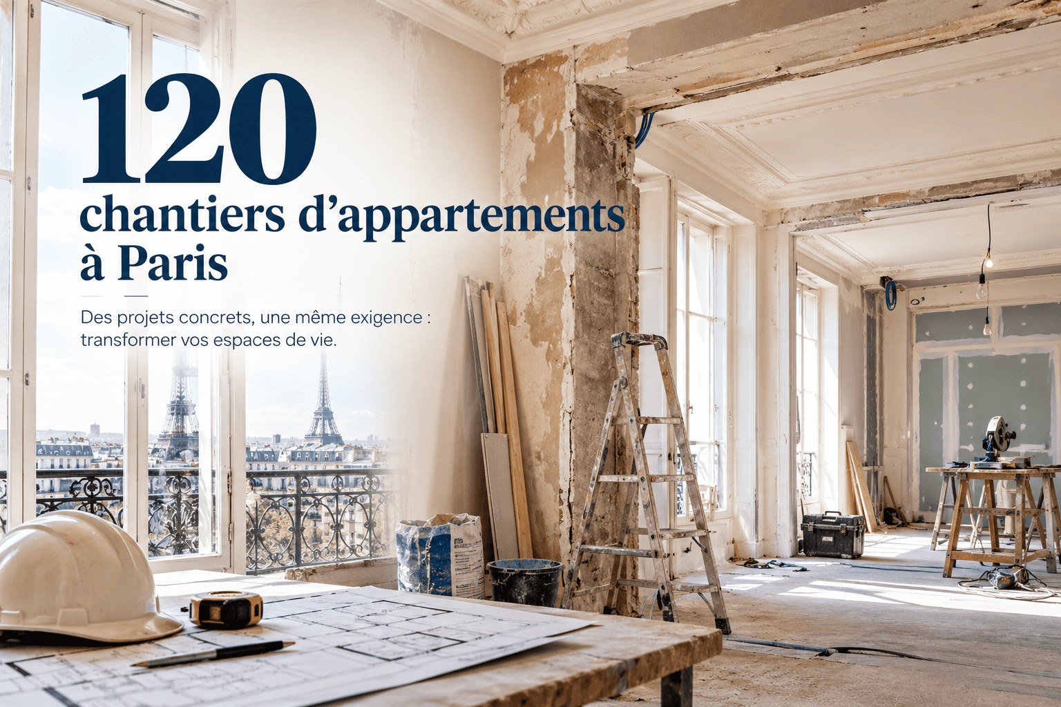 120 chantiers d’appartements rénovés à Paris — appartement haussmannien en cours de rénovation, vue sur les toits parisiens